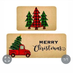 Seasonal Merry Christmas Trees and Truck Tan Kitchen Rug Set